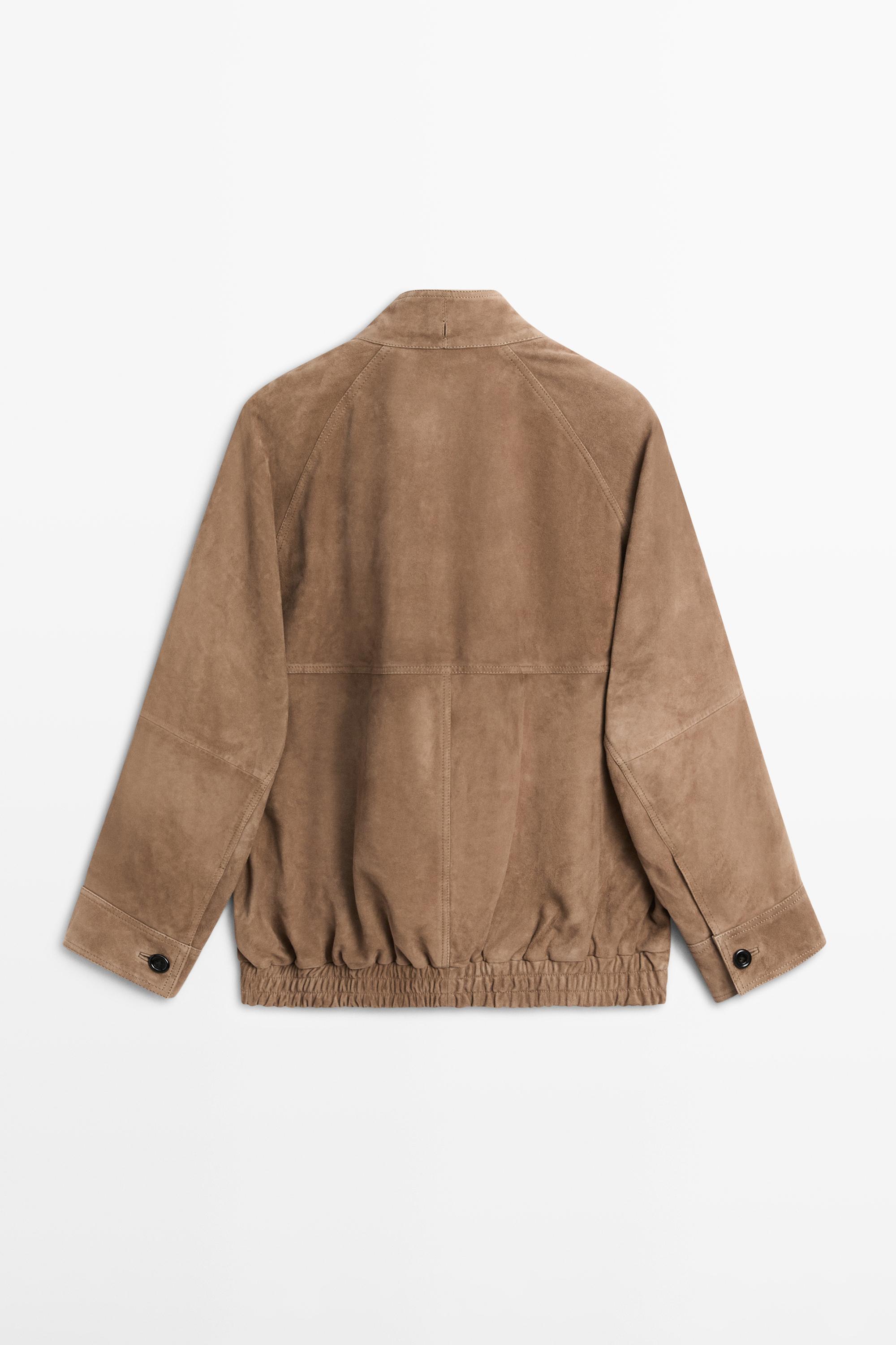 Blouson bomber en cuir et daim, détail écharpe